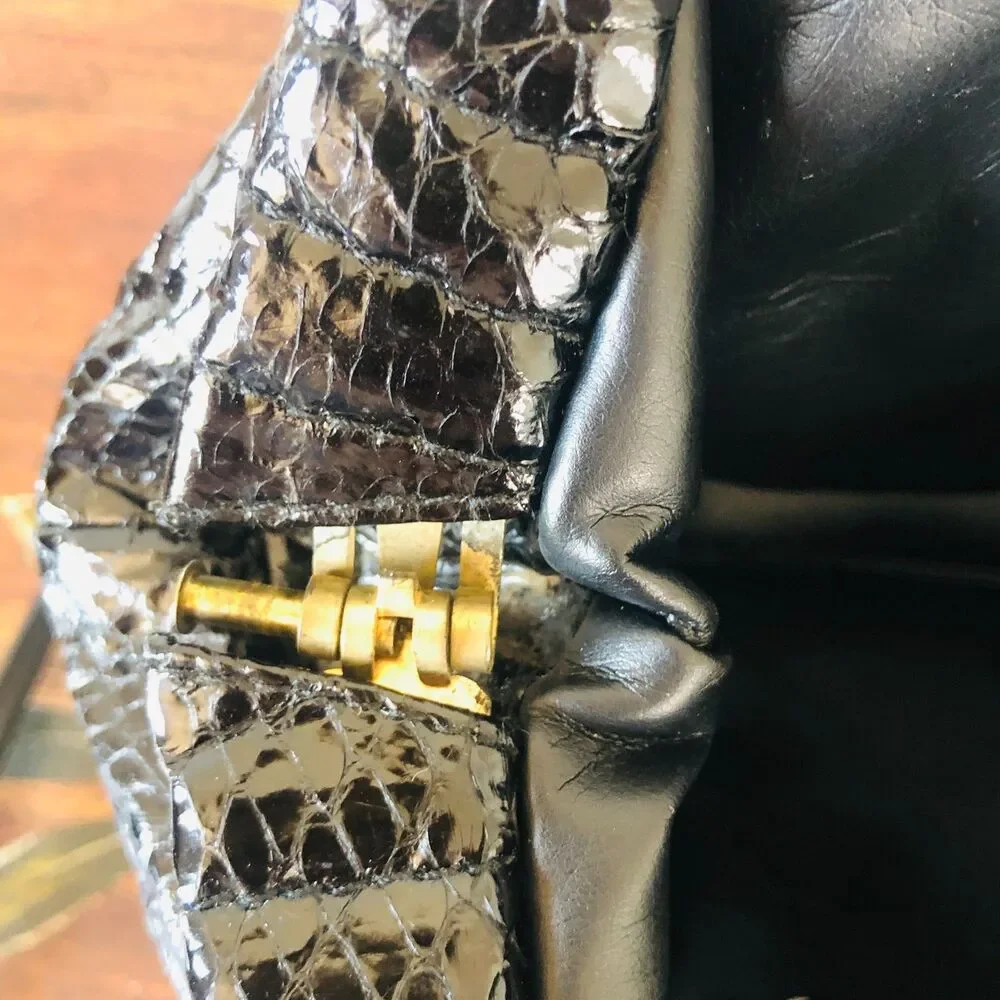 Vintage 1980's Aspects Genuine Black Snakeskin Ruched Crossbody Bag